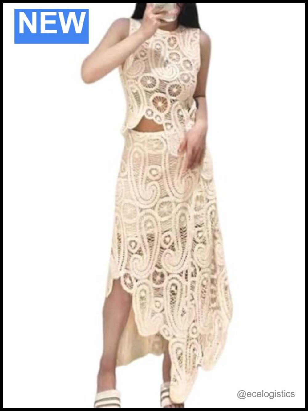 Women's 2 Piece Outfit Crochet Hollow-Out Sleeveless Crop Top & Midi Skirt Set